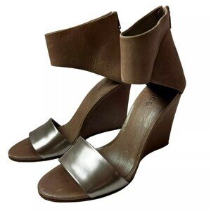 Vince. Women's ankle strap Heeled Wedges Taupe/Silver Leather
